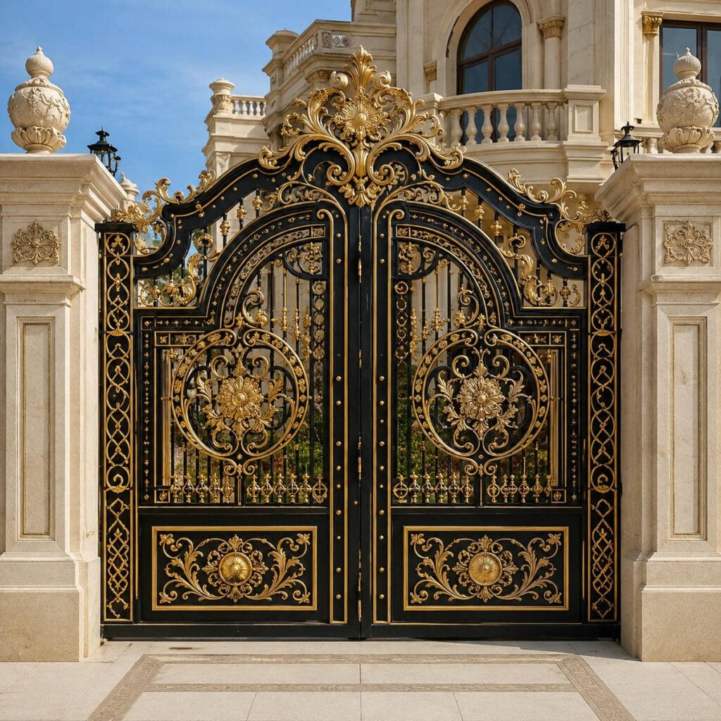 اجرای درب حیاط مشکی طلایی مینیمال