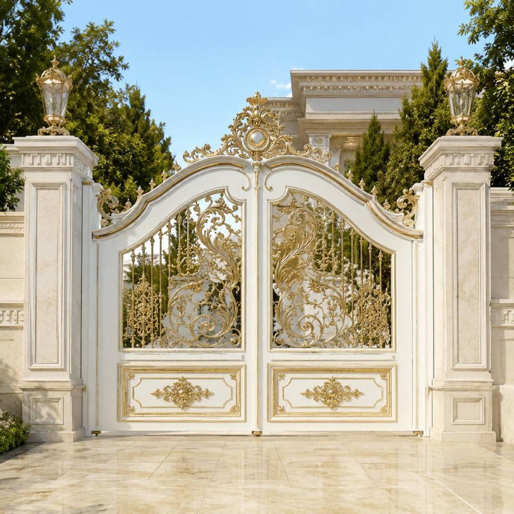 اجرای درب ویلایی سفید طلایی فرفورژه