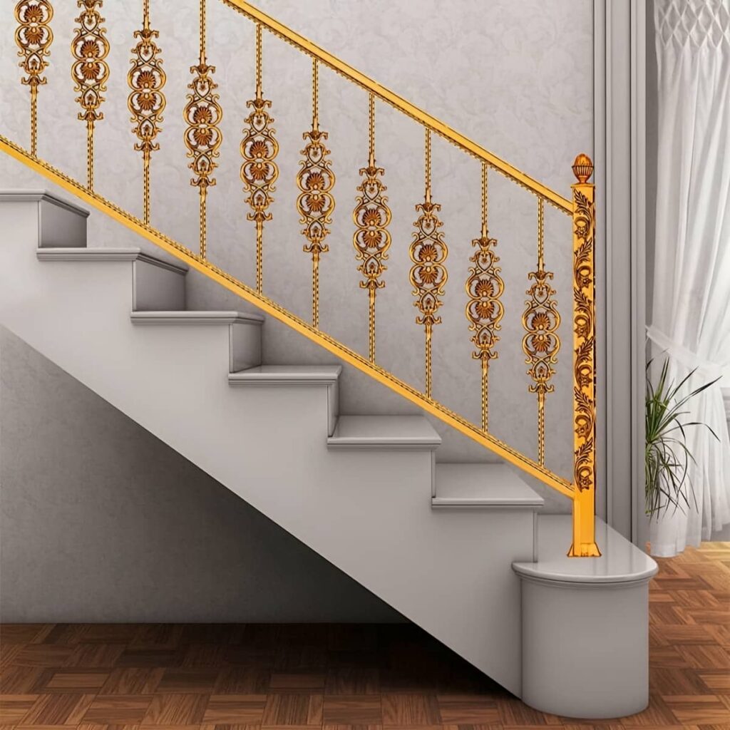 نرده راه پله فرفورژه ظریف کنار دیوار کرم